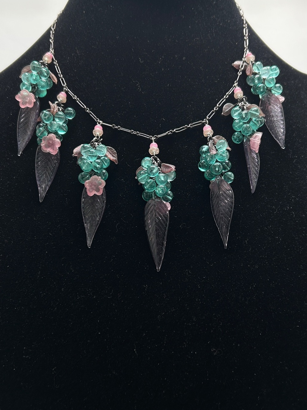 Vintage 60’s Purple, Turquoise & Pink Lucite Dangly Floral Necklace, Eyecatcher